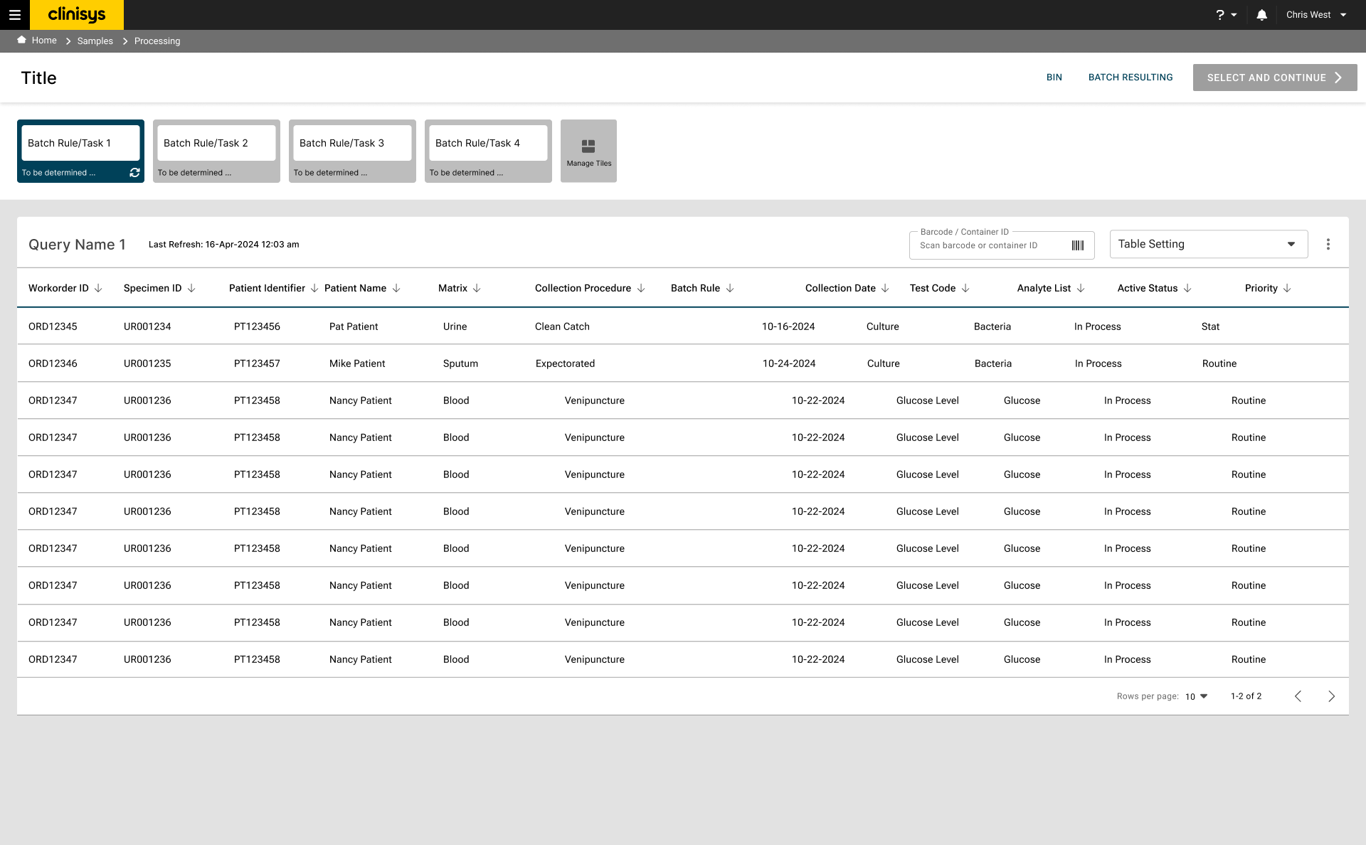 Wireframe of the worklist table with batch rule tiles and a full column set