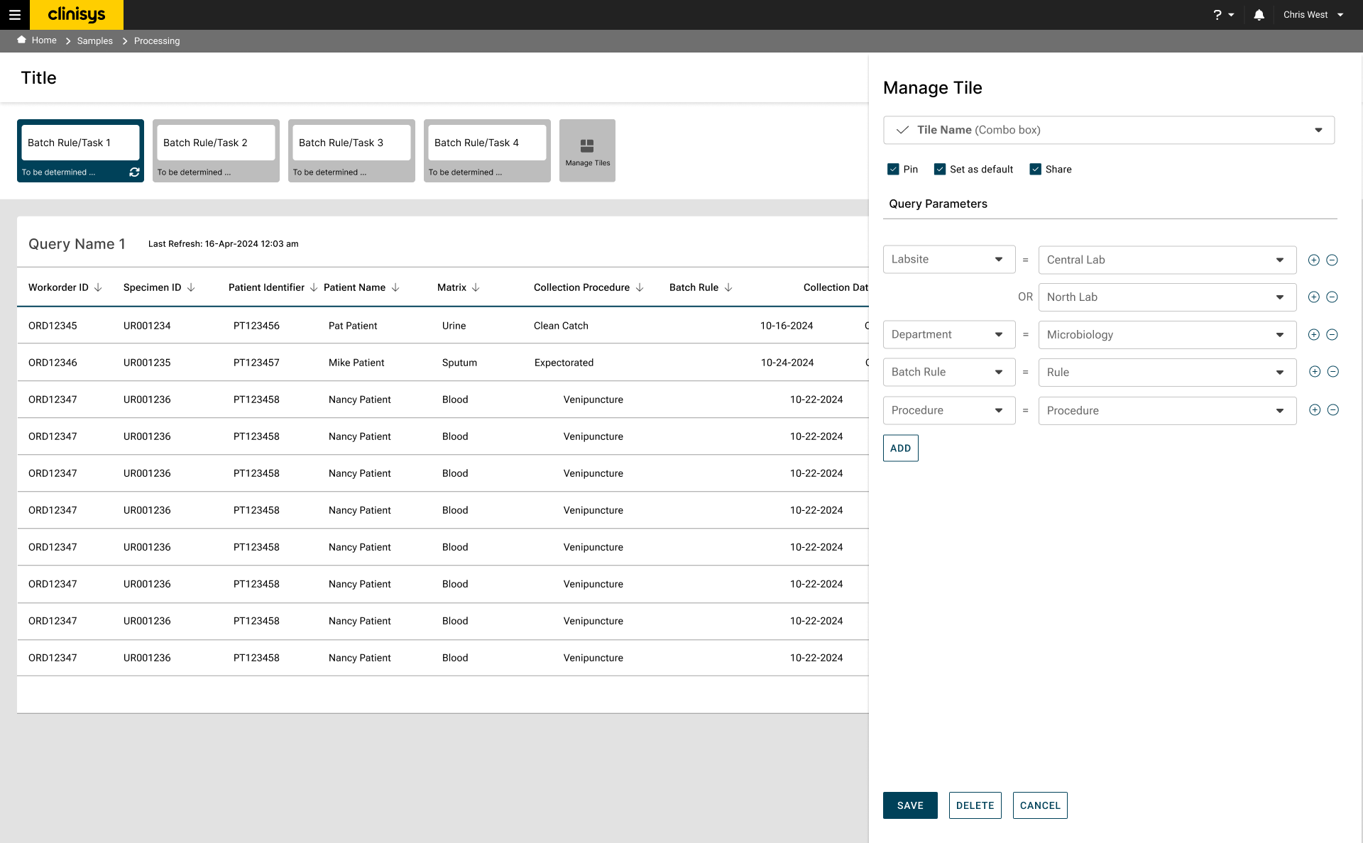 Wireframe of the Manage Tile panel for configuring batch rule query parameters