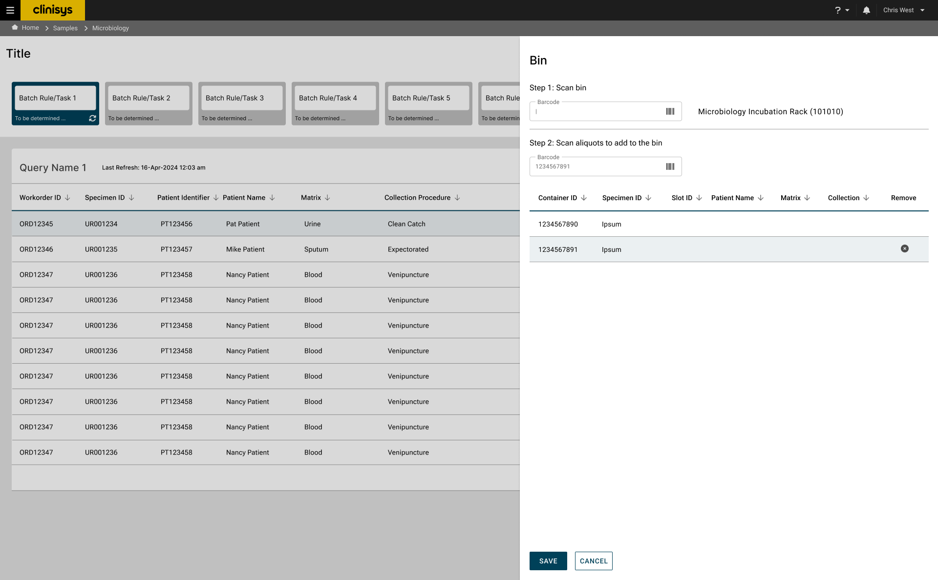 Wireframe of the Bin panel for scanning a bin and aliquots