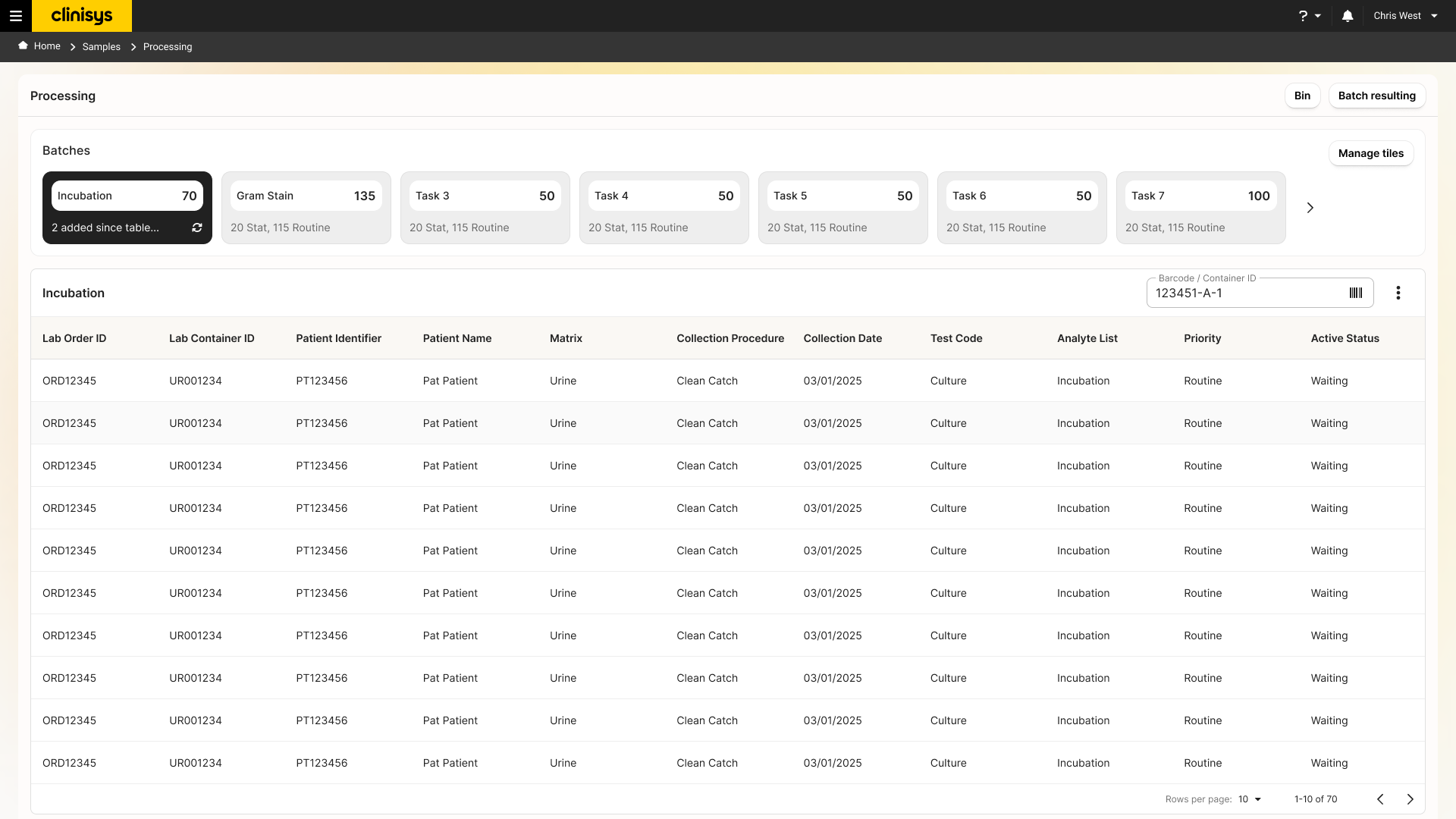 Processing screen showing batch tiles for Incubation, Gram Stain, and other tasks, with a table of samples waiting in the Incubation batch