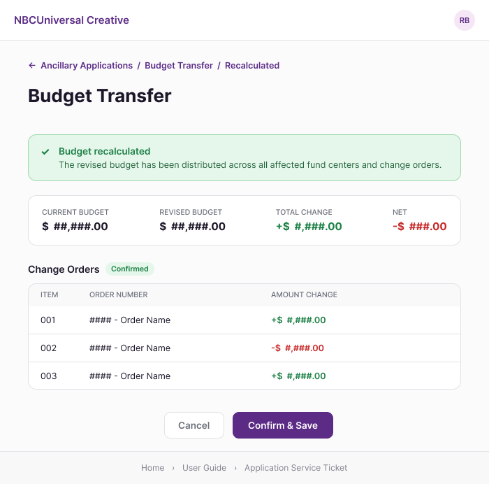 Budget Transfer confirmation screen showing current budget, revised budget, total change, and net, with a confirmed Change Orders table