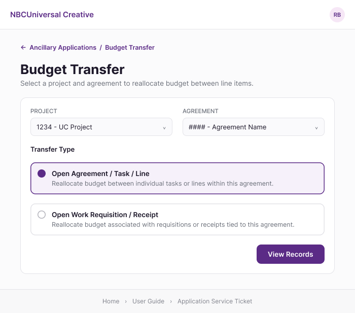 Budget Transfer project and agreement selection screen, with Transfer Type options Open Agreement/Task/Line and Open Work Requisition/Receipt