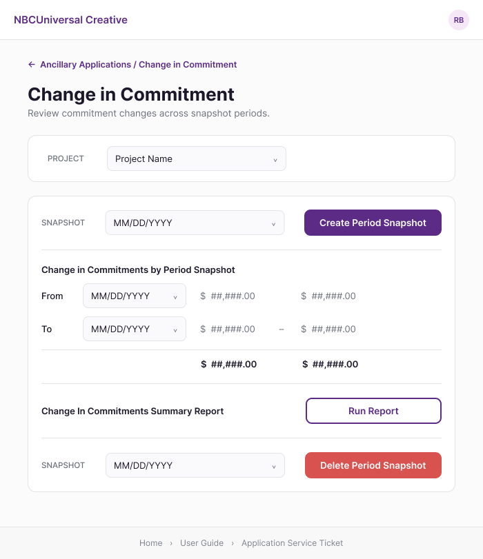 Change in Commitment screen showing From and To period snapshots with dollar totals, a Create Period Snapshot action, and a Run Report action for the summary report