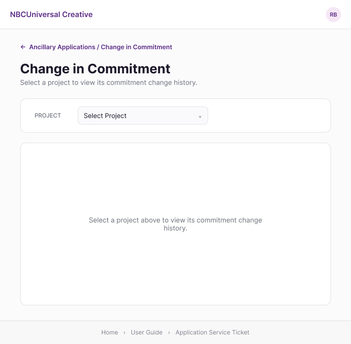 Change in Commitment screen in its empty state, prompting the user to select a project to view its commitment change history