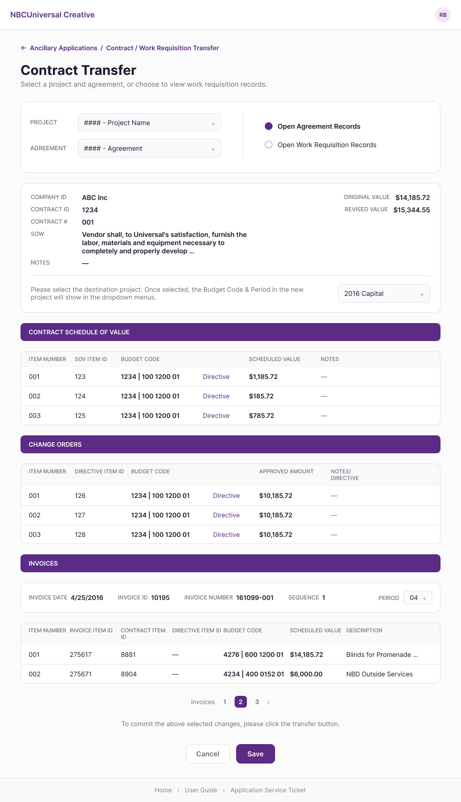 Contract Transfer detail screen showing agreement details, Contract Schedule of Value, Change Orders, and Invoices, with a destination project selector