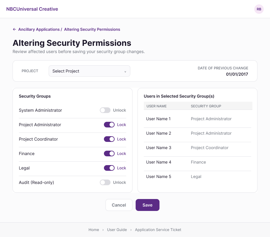 Altering Security Permissions screen with several groups locked and a list of the specific users in the selected security groups