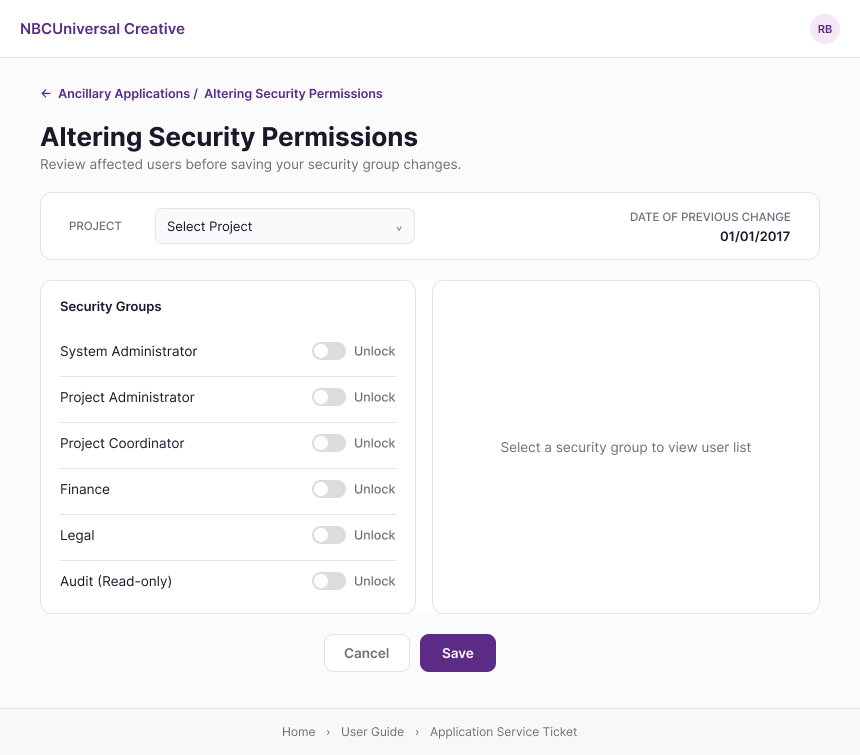 Altering Security Permissions screen with all security groups unlocked and no group selected