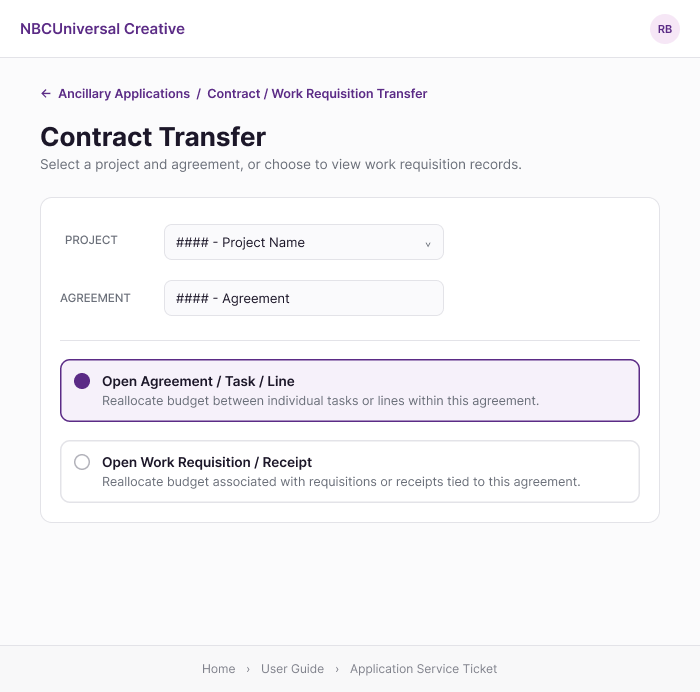 Contract / Work Requisition Transfer screen with Project and Agreement selectors and a choice between Open Agreement Records and Open Work Requisition Records