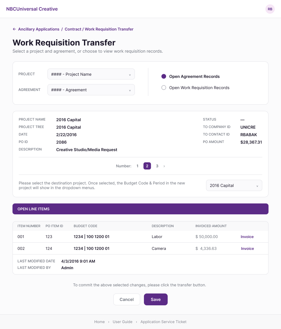 Work Requisition Transfer detail screen showing project details and Open Line Items with invoiced amounts