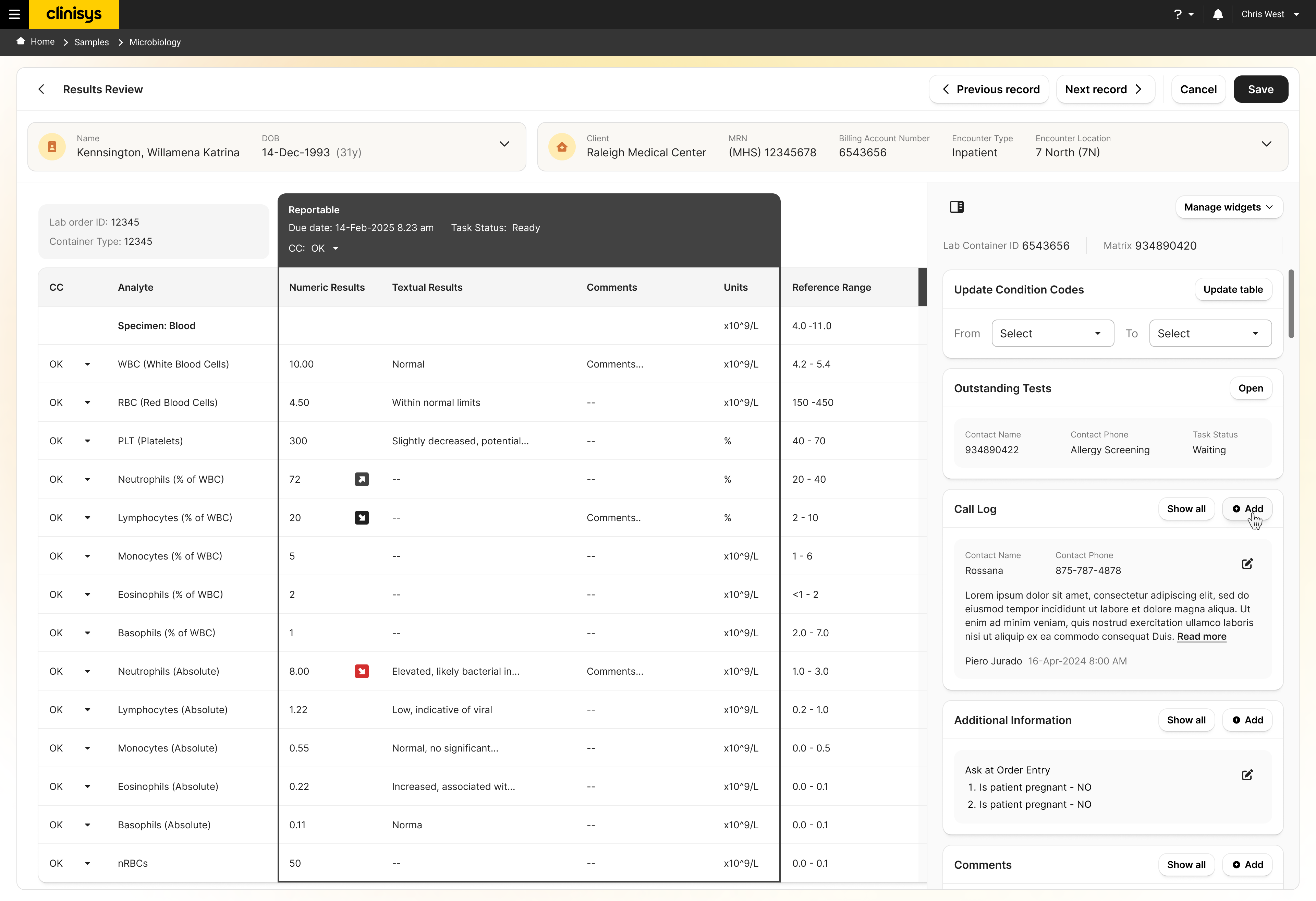 CLS Results Review screen with the widget panel open, showing Update Condition Codes, Outstanding Tests, and Call Log
