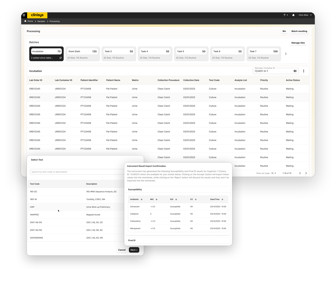 Clinisys Processing screen showing batch tiles and the Incubation worklist, with the Select Test modal and Instrument Result Import Confirmation panel shown as floating detail cards