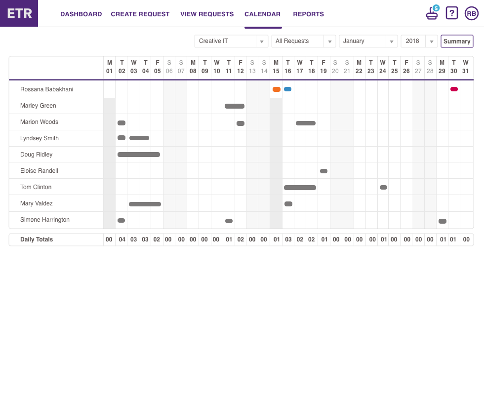 Calendar view for an employee showing a simplified monthly grid of team time off without benefit-type detail