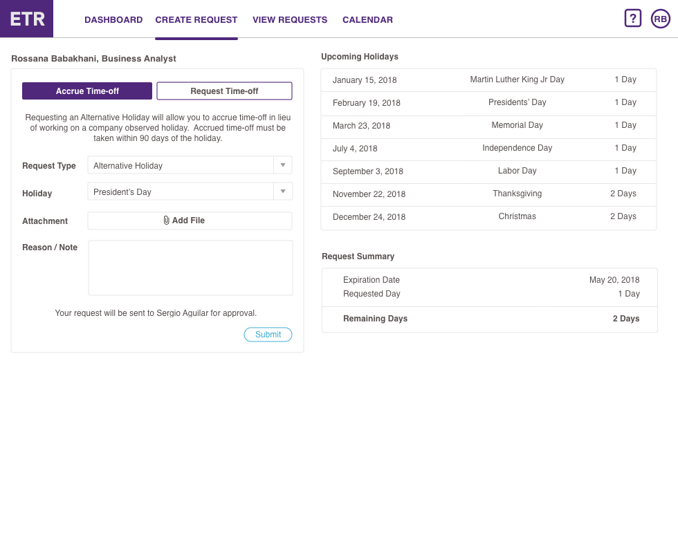 Accrue Time-off form for requesting an Alternative Holiday, showing Upcoming Holidays and a Request Summary with expiration date and remaining days