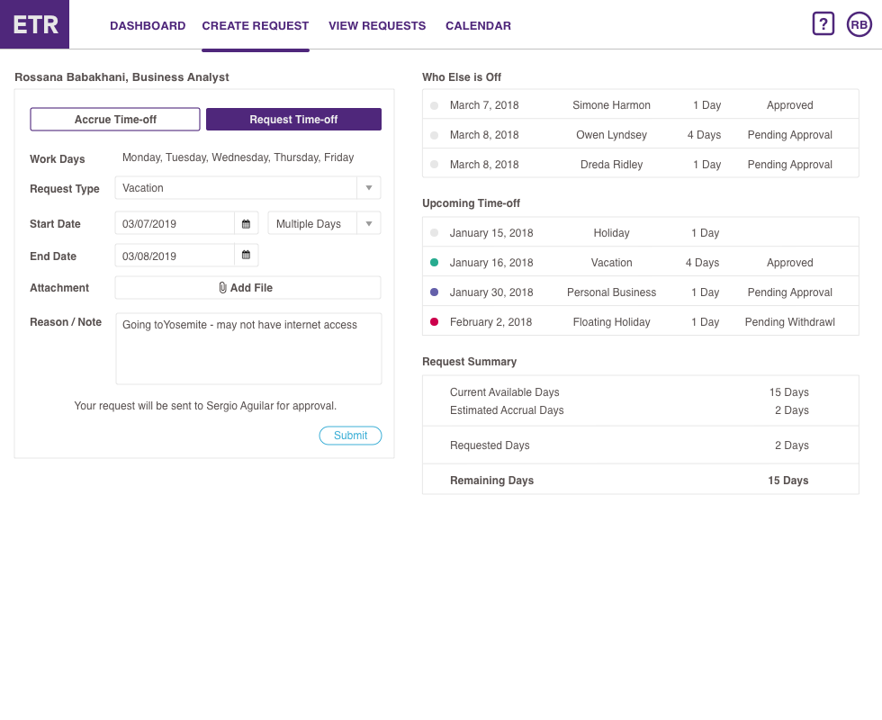 Request Time-off form showing Who Else Is Off, Upcoming Time-off, and a Request Summary with Current Available Days, Estimated Accrual Days, Requested Days, and Remaining Days