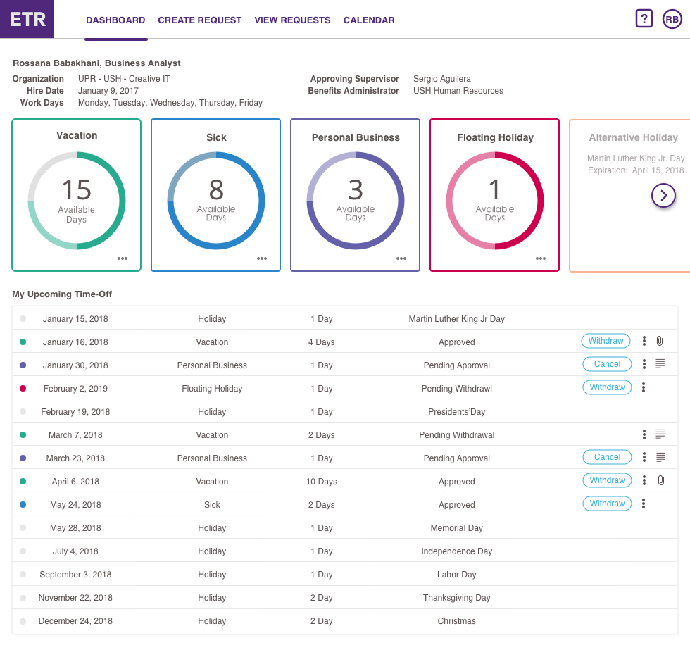 ETR dashboard showing Vacation, Sick, Personal Business, and Floating Holiday balances as circular progress rings, plus a list of upcoming time-off