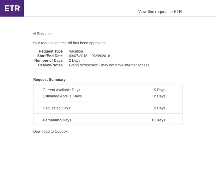 Confirmation email sent once a time-off request is approved, with an option to download the event to Outlook