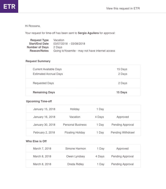 Confirmation email sent when a time-off request is submitted, showing the request summary and upcoming time-off