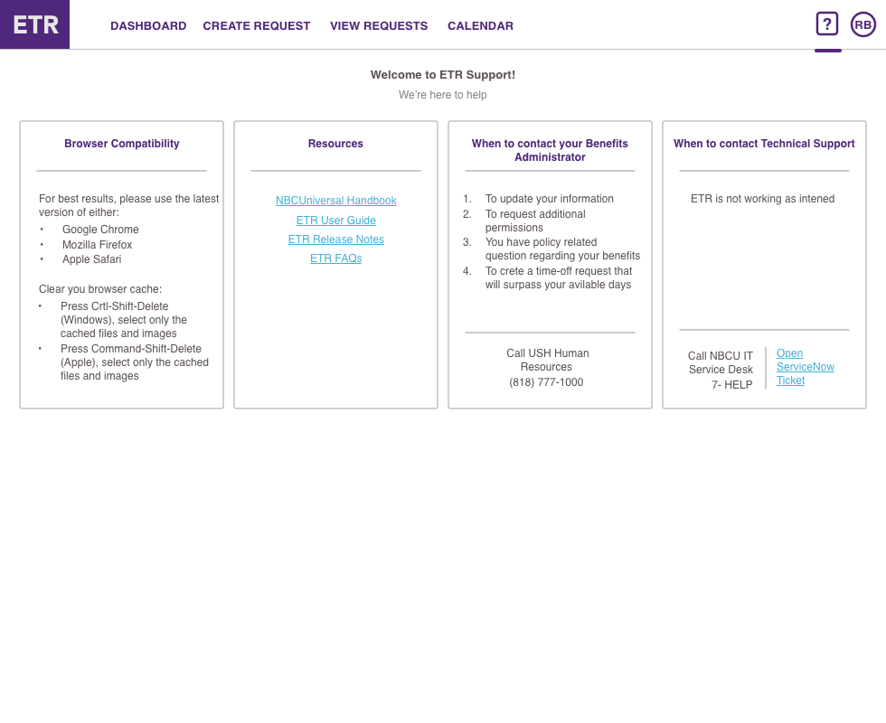 ETR Support page with Browser Compatibility, Resources including the ETR User Guide, When to Contact Your Benefits Administrator, and When to Contact Technical Support