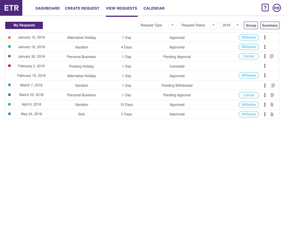 My Requests list with filters for Request Type, Request Status, and year