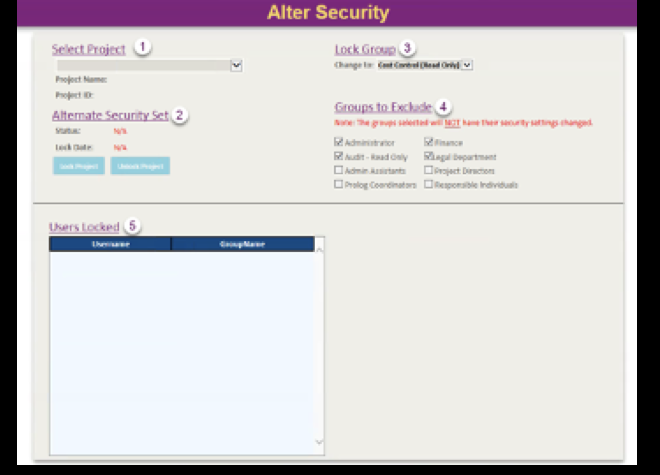 Legacy Alter Security screen: numbered steps for Select Project, Alternate Security Set, Lock Group, Groups to Exclude, and Users Locked, in a dated purple interface