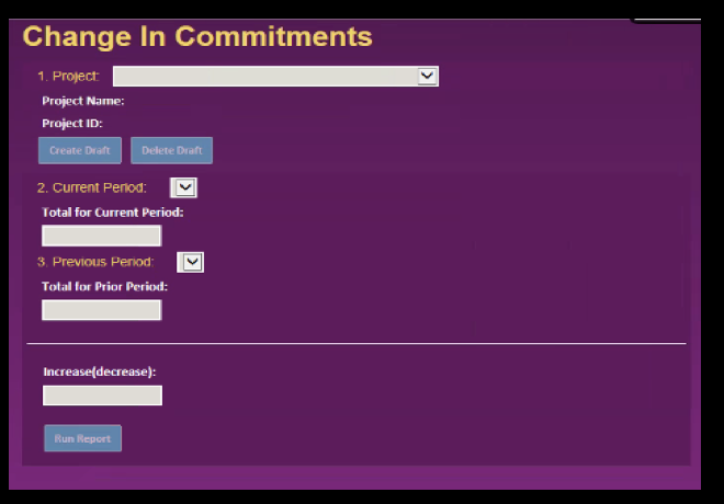 Legacy Change In Commitments screen: numbered steps for Project, Current Period, and Previous Period, an Increase(decrease) field with no visible sign convention, and a Run Report button, in a dated purple interface