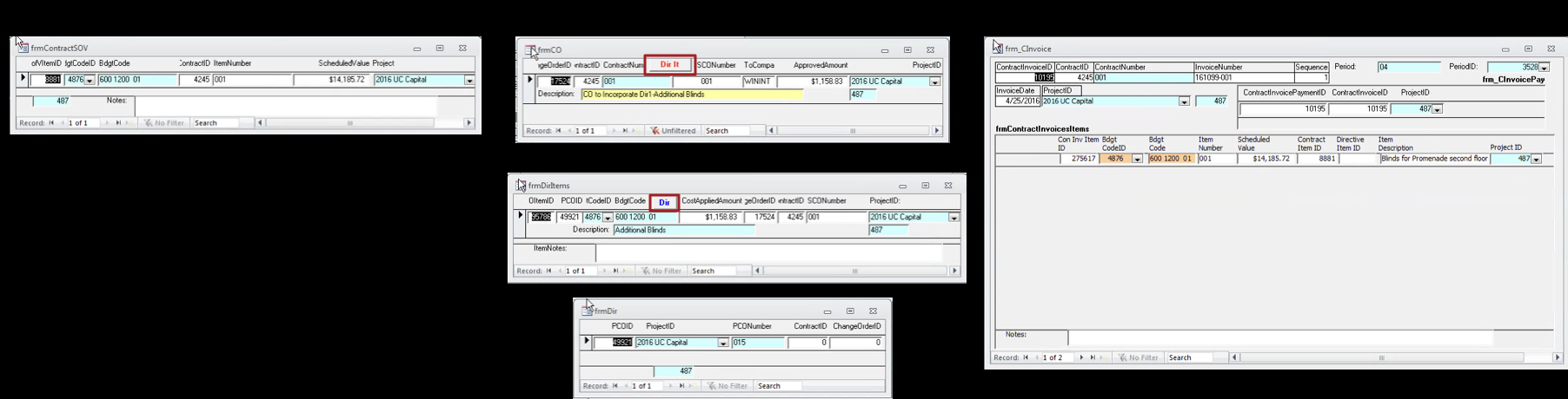 Five separate native Microsoft Access windows open at once, frmContractSOV, frmCO, frmDirItems, frmDir, and frm_ClInvoice, each a raw datasheet grid with database field names and no visible relationship to the others