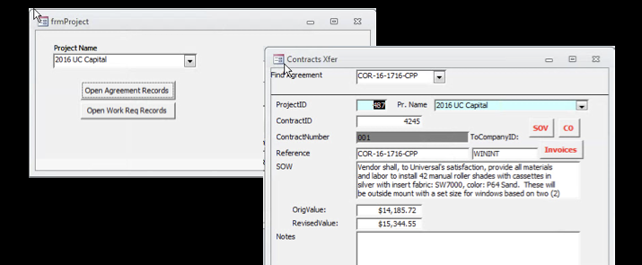 Legacy Contracts Xfer, a native Microsoft Access window with Open Agreement Records and Open Work Req Records buttons, raw field labels, and SOV/CO/Invoices buttons opening further Access windows
