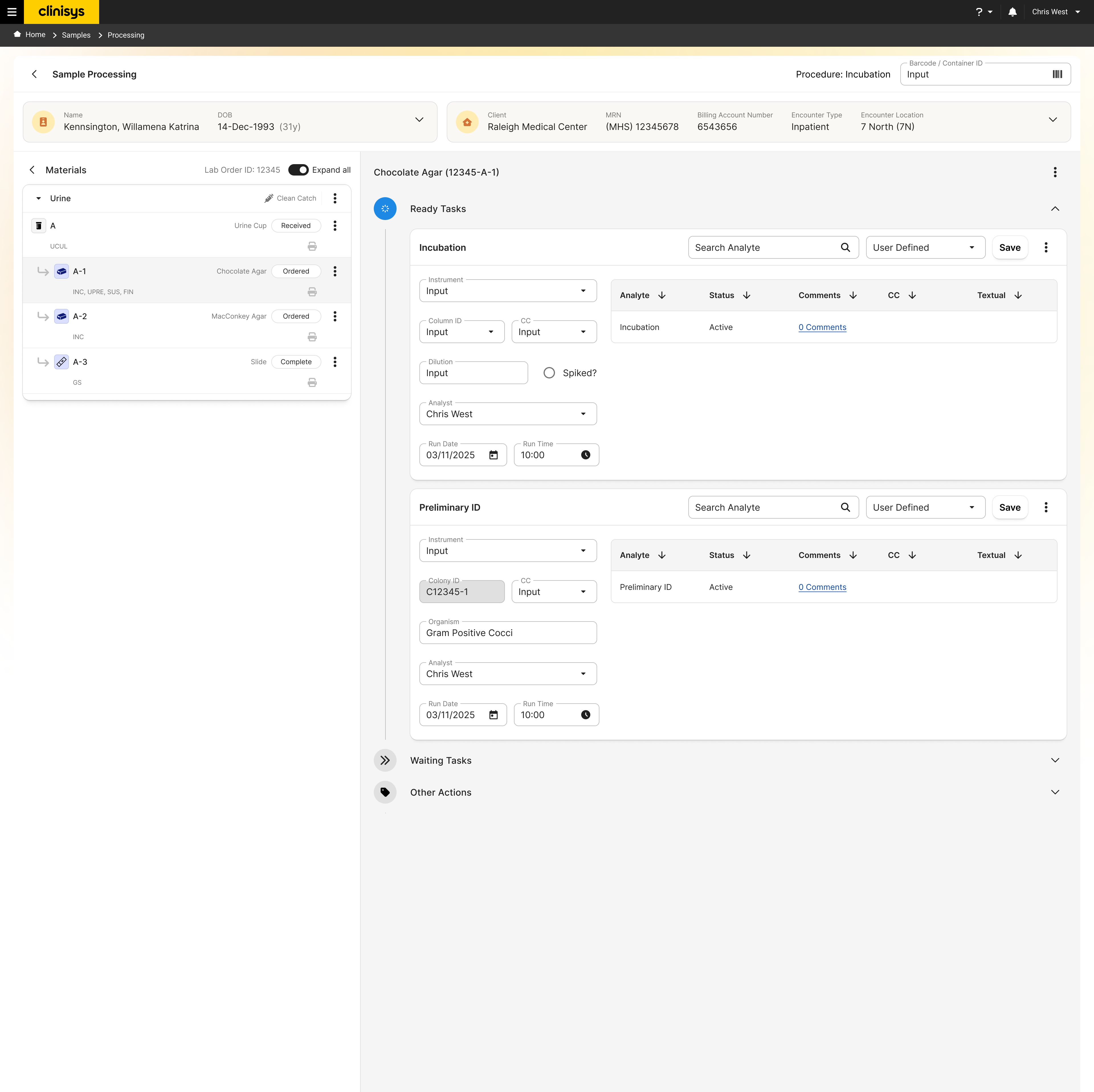 Sample processing screen showing the materials tree for a urine specimen and Ready Tasks for Incubation and Preliminary ID