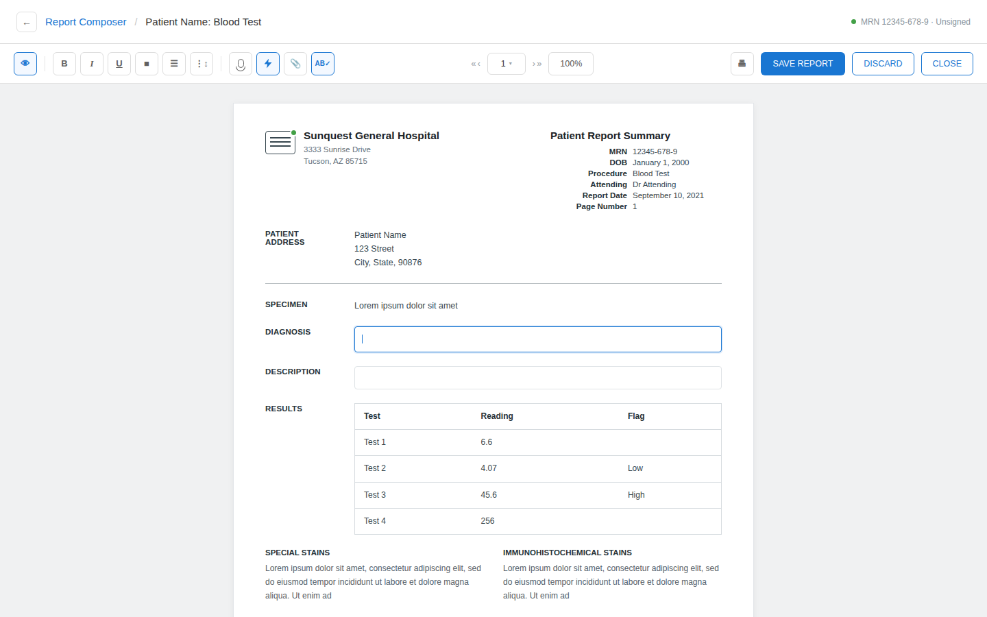 Report Editor screen showing a live patient report with read-only Specimen data and an editable, focused Diagnosis field