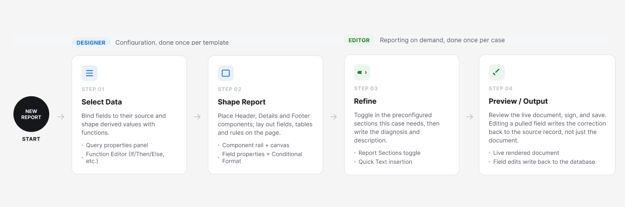 Workflow diagram showing Start leading into Designer's Select Data and Shape Report steps, then into Editor's Refine and Preview/Output steps