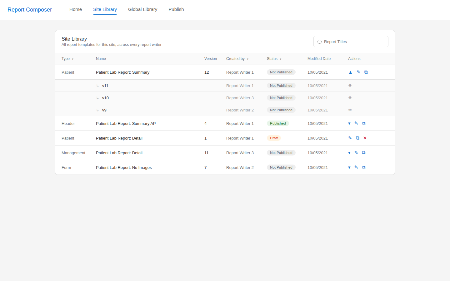 Site Library screen listing report designs and components with version numbers and publish status