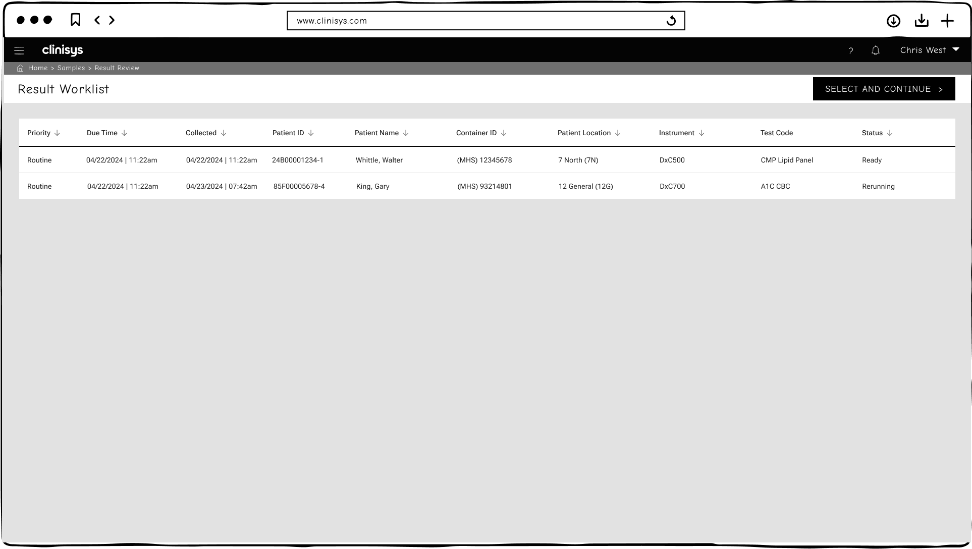 Early Result Worklist wireframe showing a simple table of samples with priority, due time, patient, container ID, location, instrument, test code, and status columns