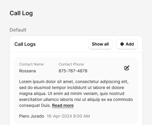 Call Log widget, default state