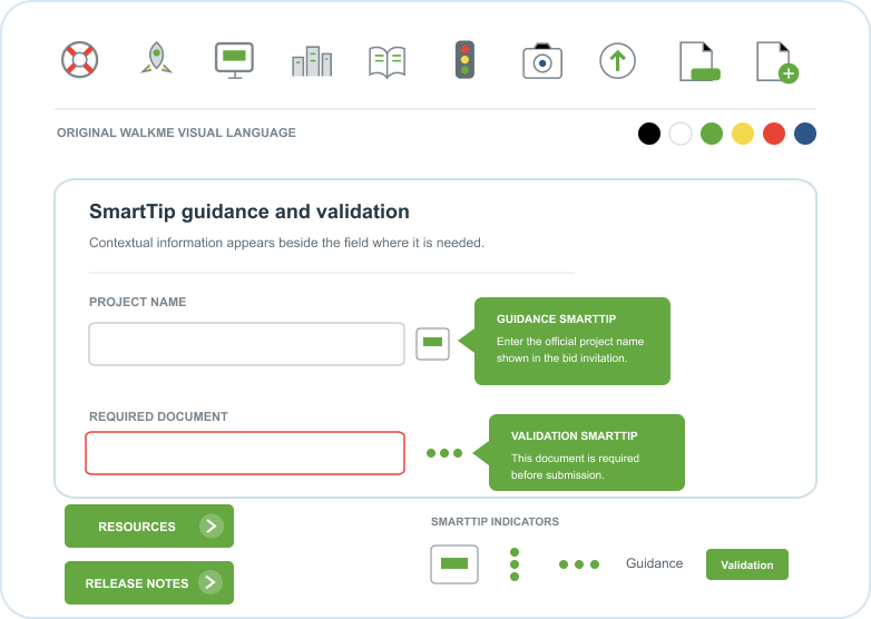 WalkMe SmartTip guidance and validation mockup showing the original WalkMe visual language: icon set, color palette, and contextual SmartTips beside a Project Name and Required Document field