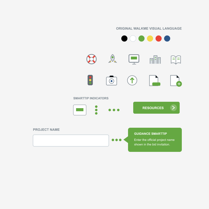 WalkMe SmartTip guidance and validation mockup showing the original WalkMe visual language: icon set, color palette, and contextual SmartTips beside a Project Name and Required Document field